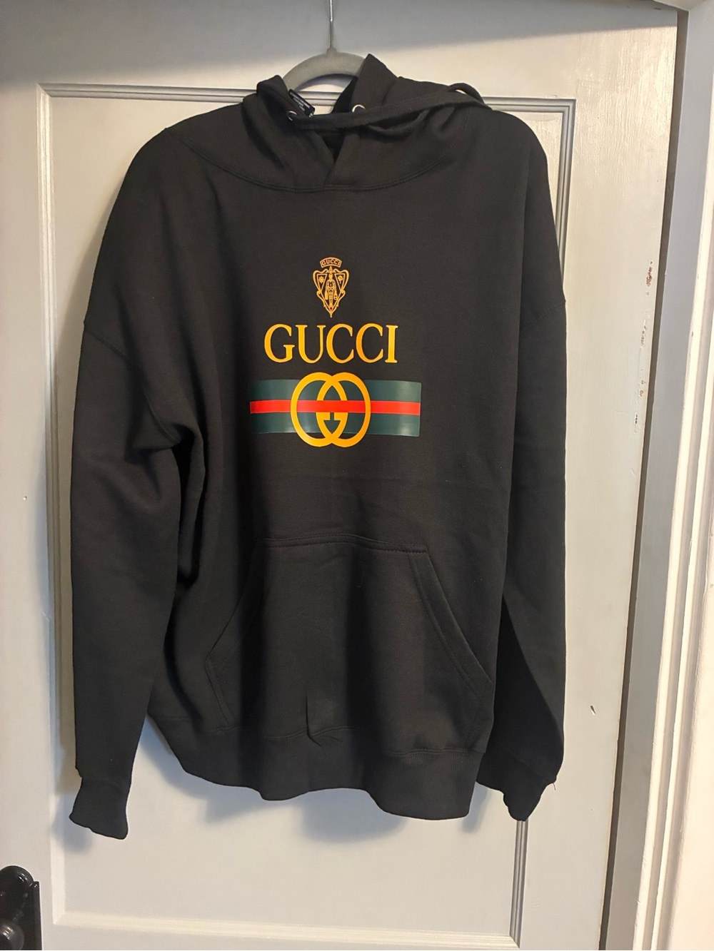 Gucci style Black Hoodie with Gold Logo and Green-Red Stripe (new)
